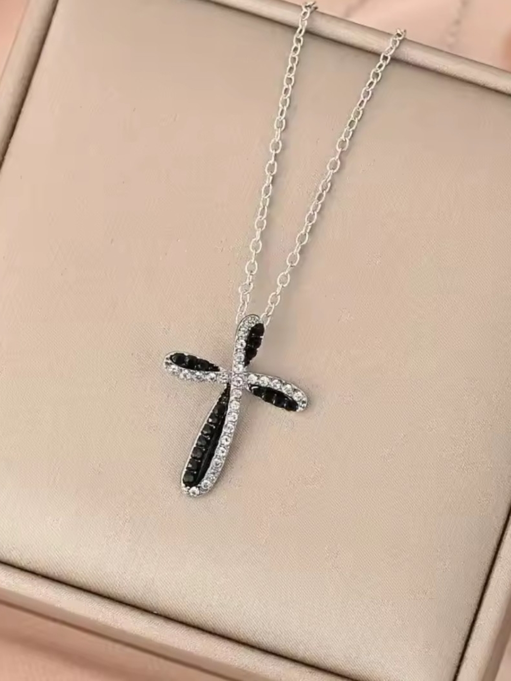 Silver Cross Pendant Necklace with Black and Clear Stones
